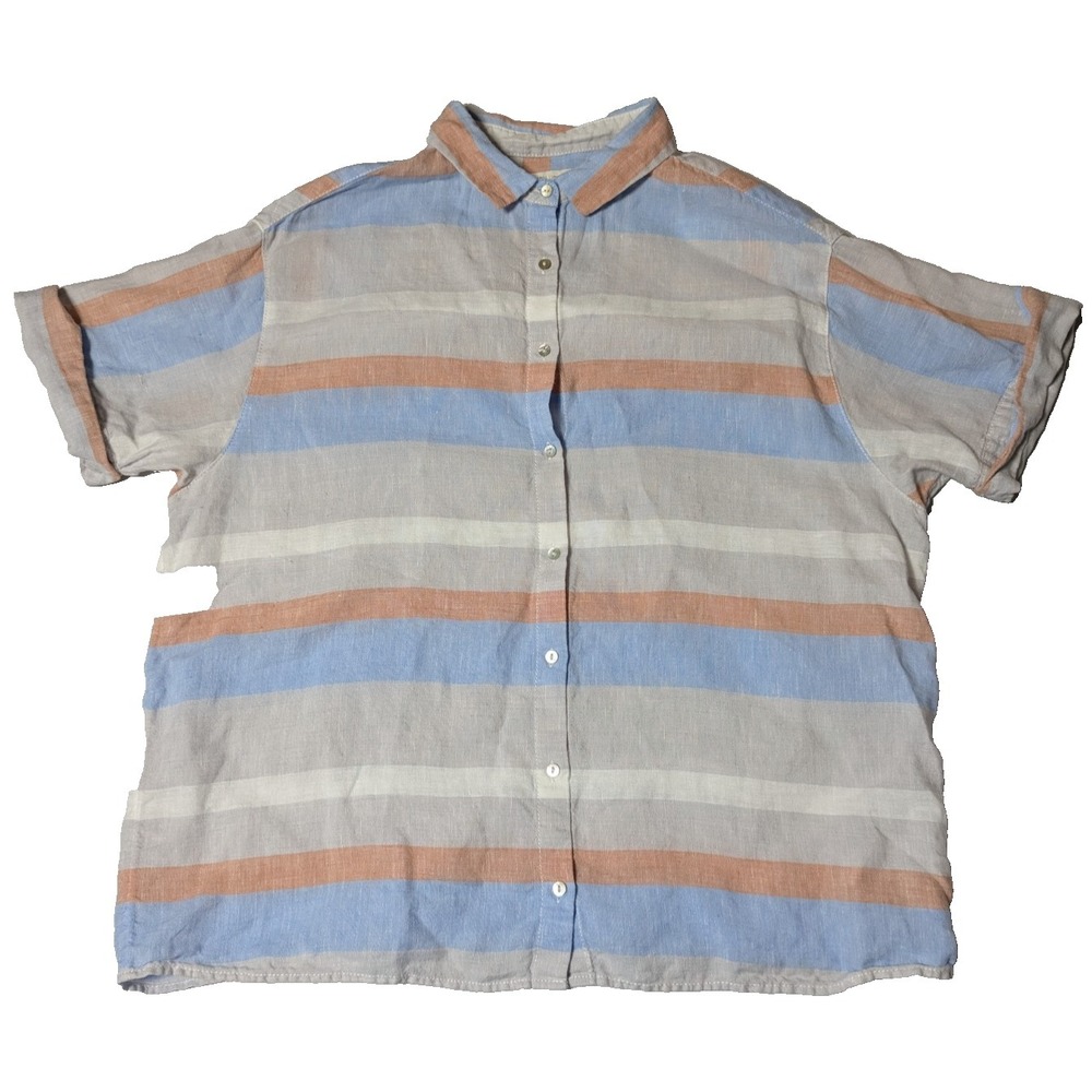 CYNTHIA ROWLEY Women Medium Blue White Orange Striped Linen Button-Up Shirt